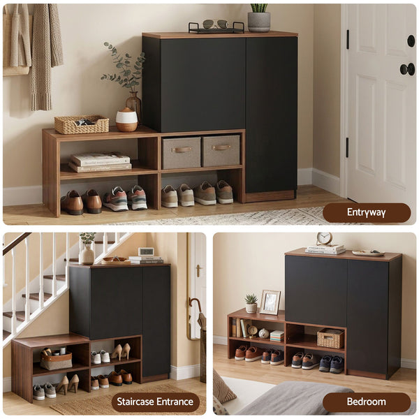 Artiss 2-IN-1 Shoe Cabinet Bench w/ Adjustable Shelf Hallway Walnut & Black Awezingly