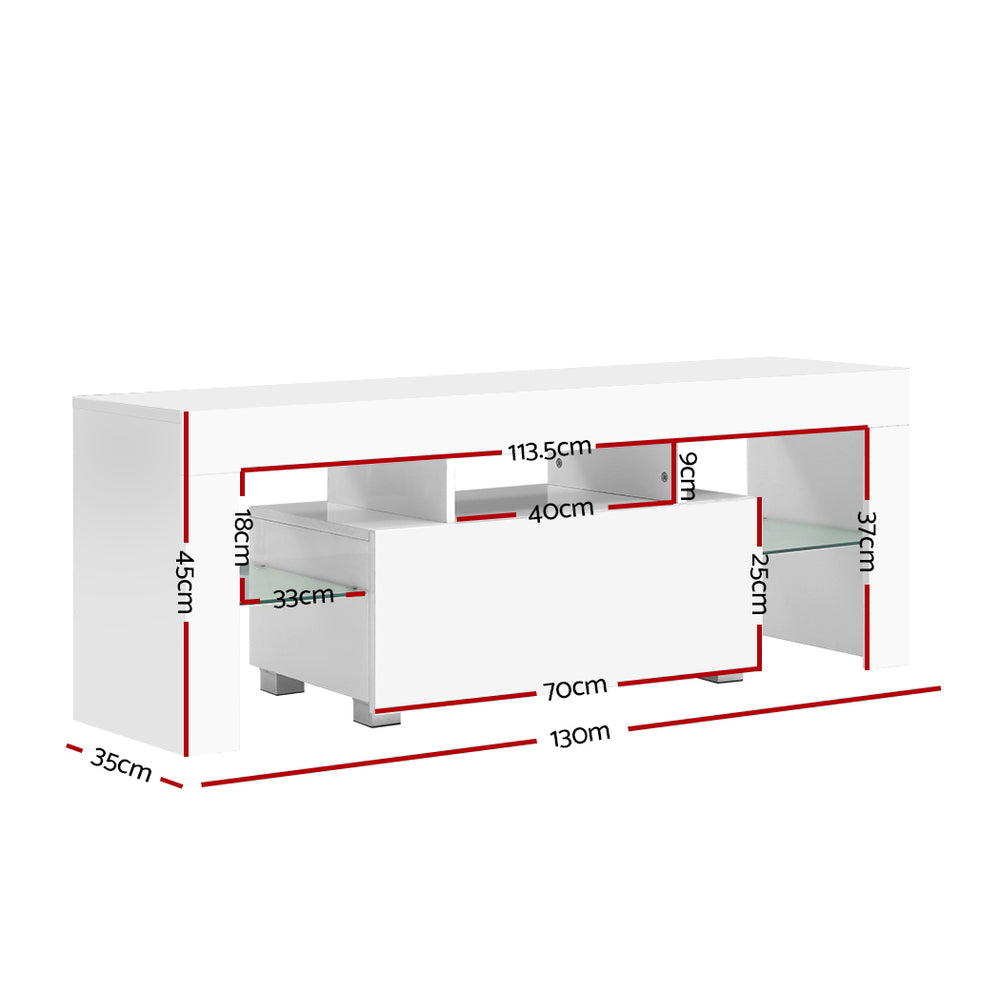 Artiss 130cm RGB LED TV Stand Cabinet Entertainment Unit Gloss Furniture Drawer Tempered Glass Shelf White Artiss