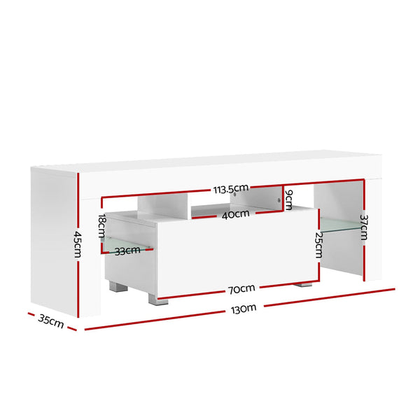 Artiss 130cm RGB LED TV Stand Cabinet Entertainment Unit Gloss Furniture Drawer Tempered Glass Shelf White Artiss