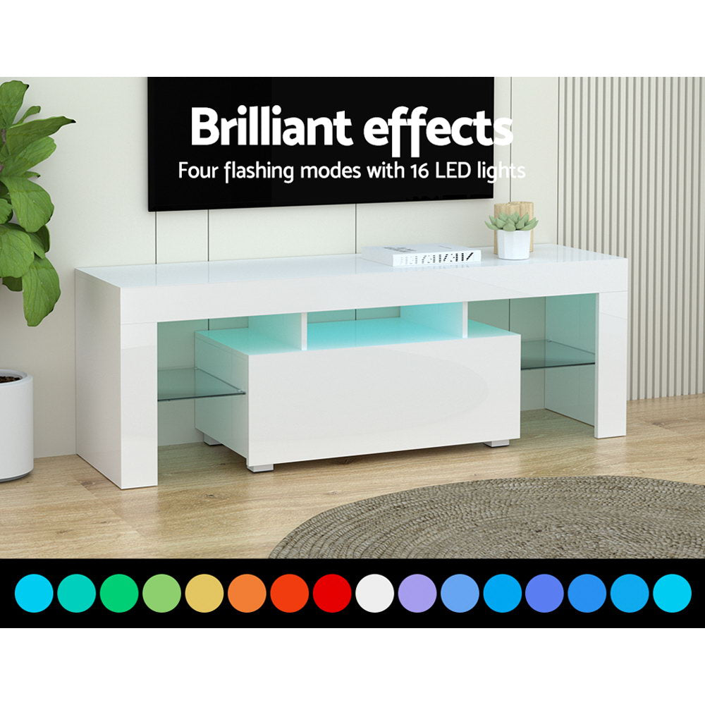 Artiss 130cm RGB LED TV Stand Cabinet Entertainment Unit Gloss Furniture Drawer Tempered Glass Shelf White Artiss