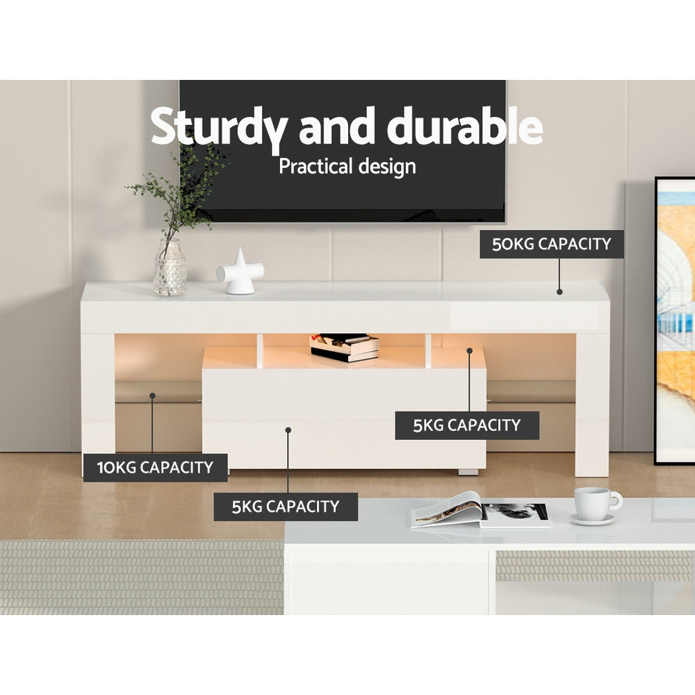 Artiss 130cm RGB LED TV Stand Cabinet Entertainment Unit Gloss Furniture Drawer Tempered Glass Shelf White Artiss
