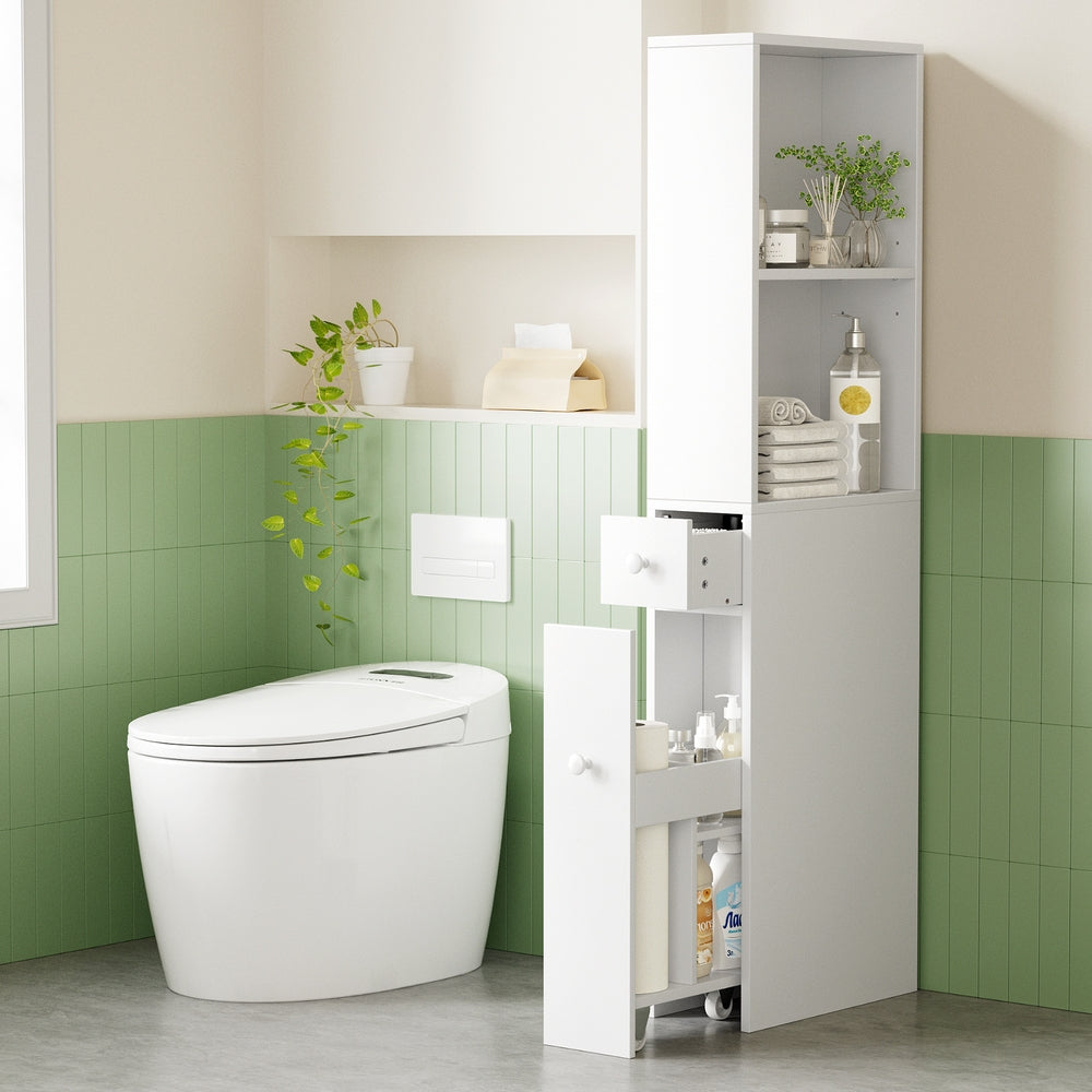 Artiss Bathroom Cabinet Storage Slim Organiser Drawer Toilet Corner 135cm White Awezingly