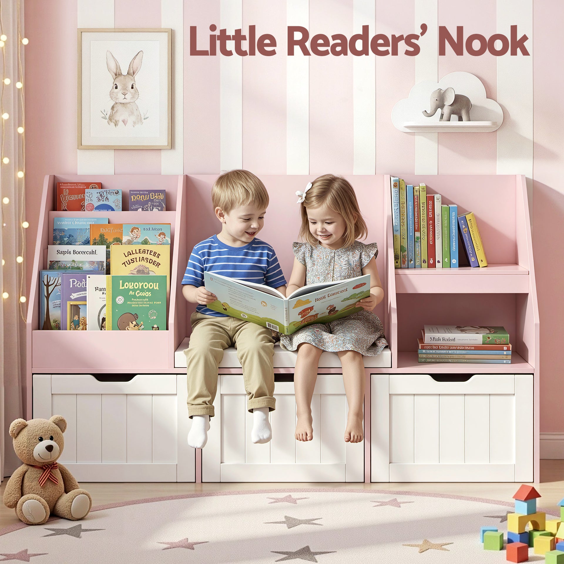 Keezi Kids Bookshelf Storage Organiser Toy Box Drawer Bench Seat Cabinet Pink Kahuna