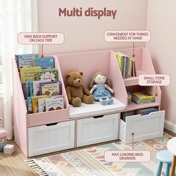 Keezi Kids Bookshelf Storage Organiser Toy Box Drawer Bench Seat Cabinet Pink Kahuna