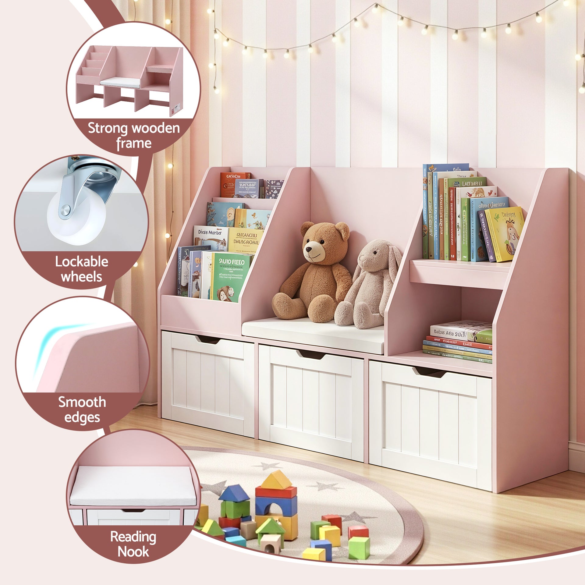 Keezi Kids Bookshelf Storage Organiser Toy Box Drawer Bench Seat Cabinet Pink Kahuna