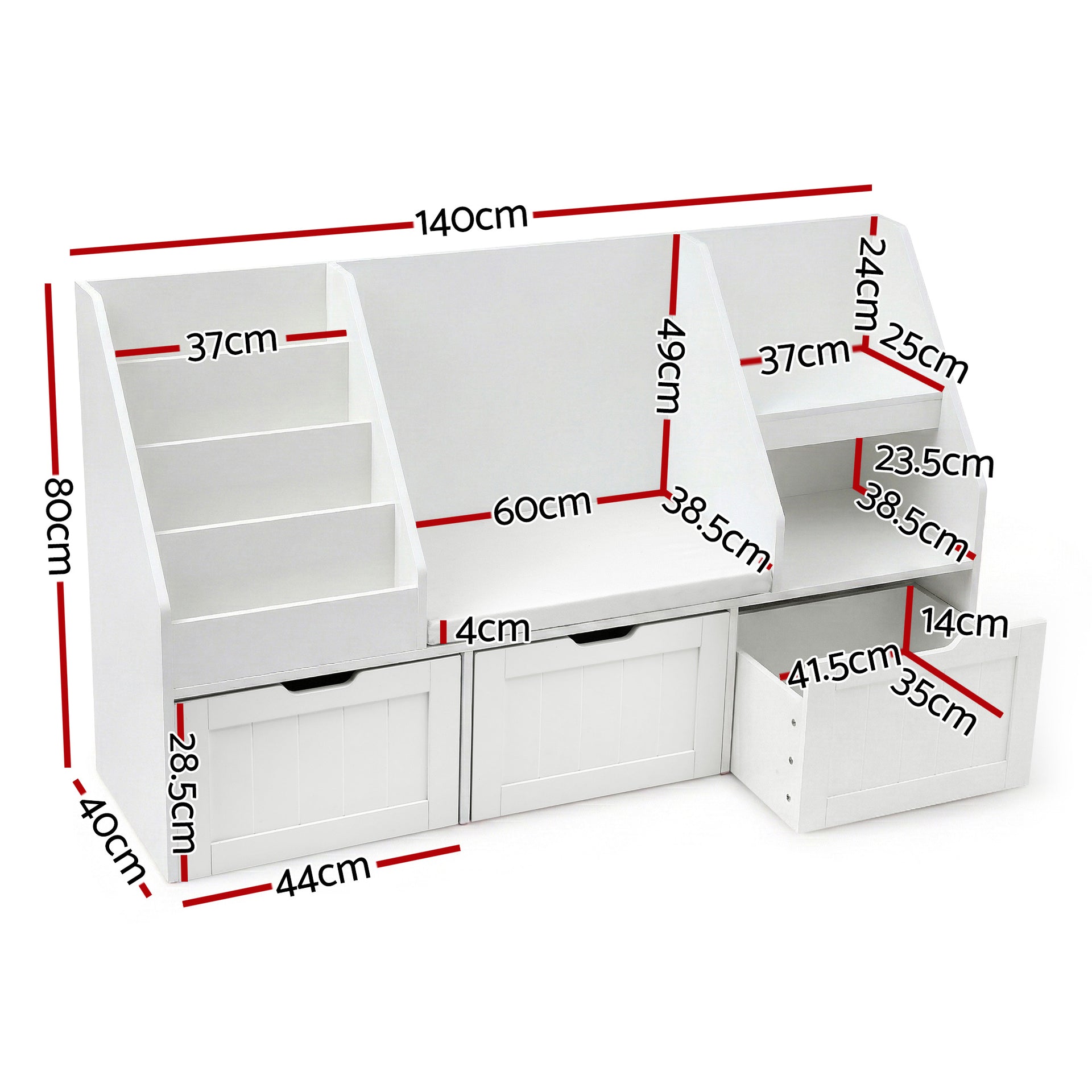 Keezi Kids Bookshelf Storage Organiser Toy Box Drawer Bench Seat Cabinet White Keezi