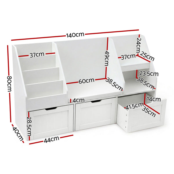 Keezi Kids Bookshelf Storage Organiser Toy Box Drawer Bench Seat Cabinet White Keezi
