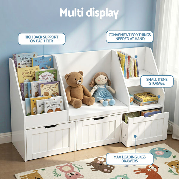 Keezi Kids Bookshelf Storage Organiser Toy Box Drawer Bench Seat Cabinet White Keezi