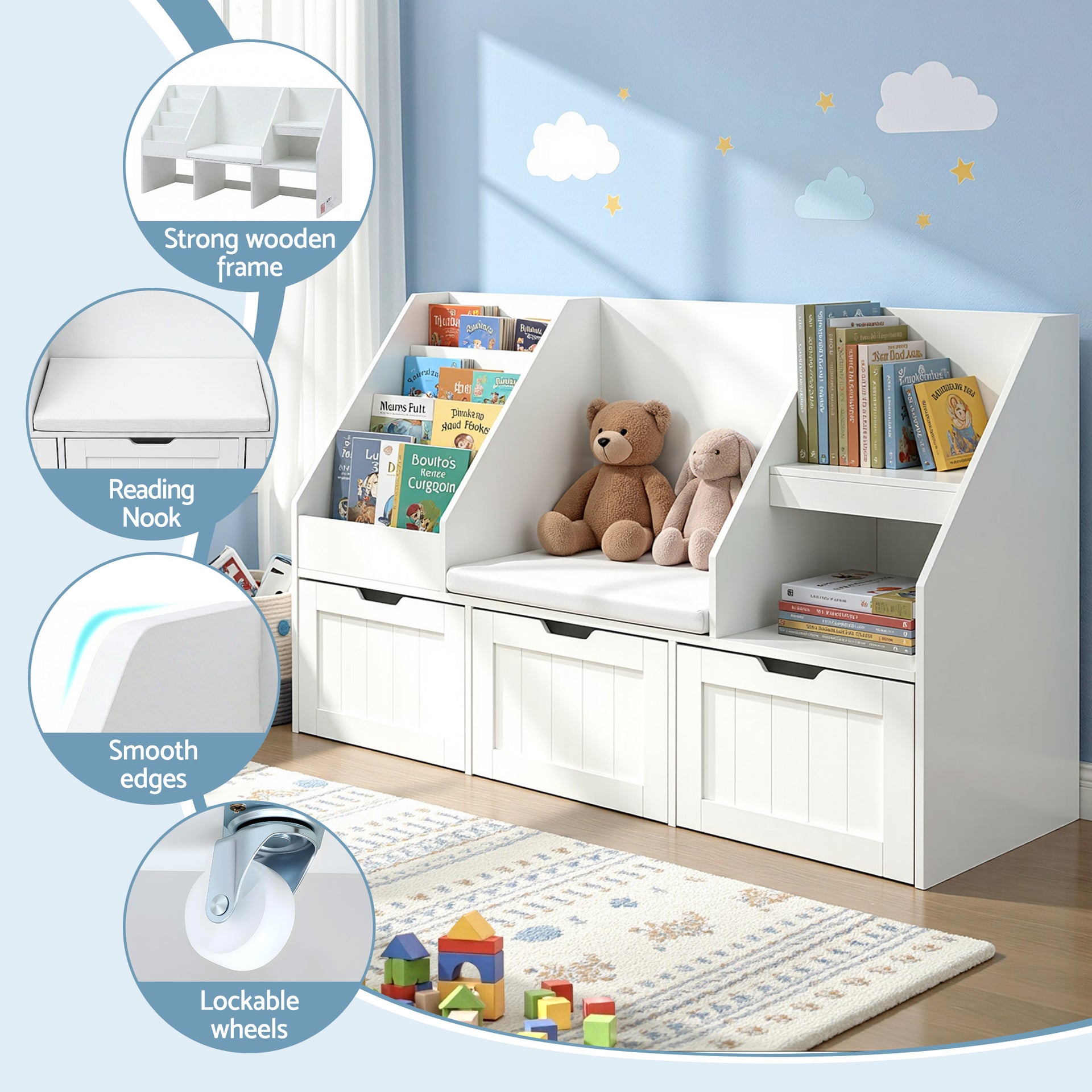 Keezi Kids Bookshelf Storage Organiser Toy Box Drawer Bench Seat Cabinet White Keezi