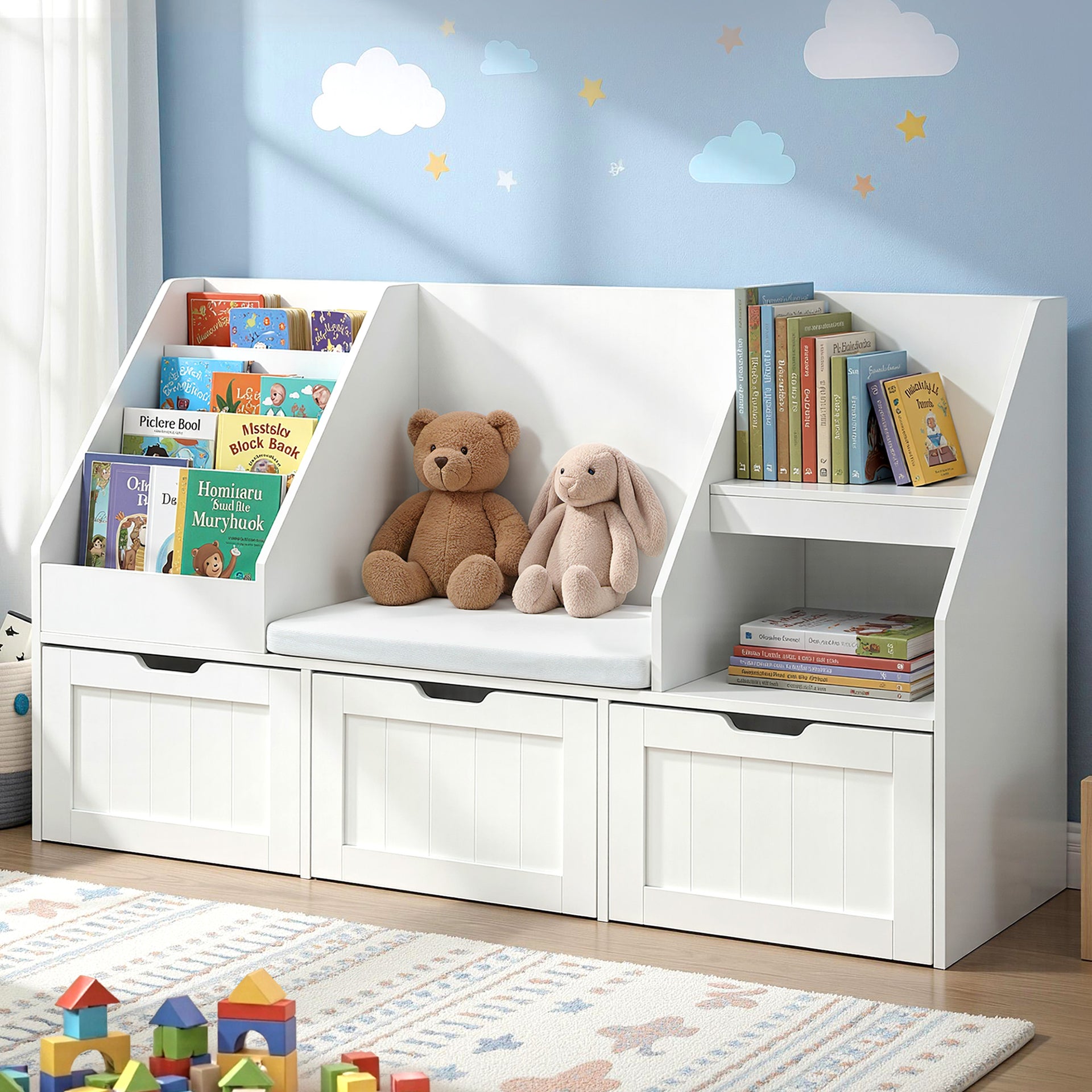 Keezi Kids Bookshelf Storage Organiser Toy Box Drawer Bench Seat Cabinet White Keezi