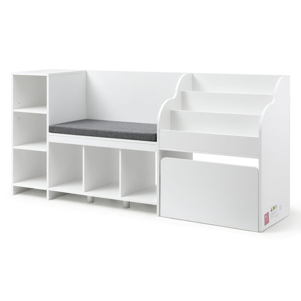 Keezi Kids Storage Unit Bookshelf Toy Box Organiser Bench Seat Cabinet 170cm White Keezi