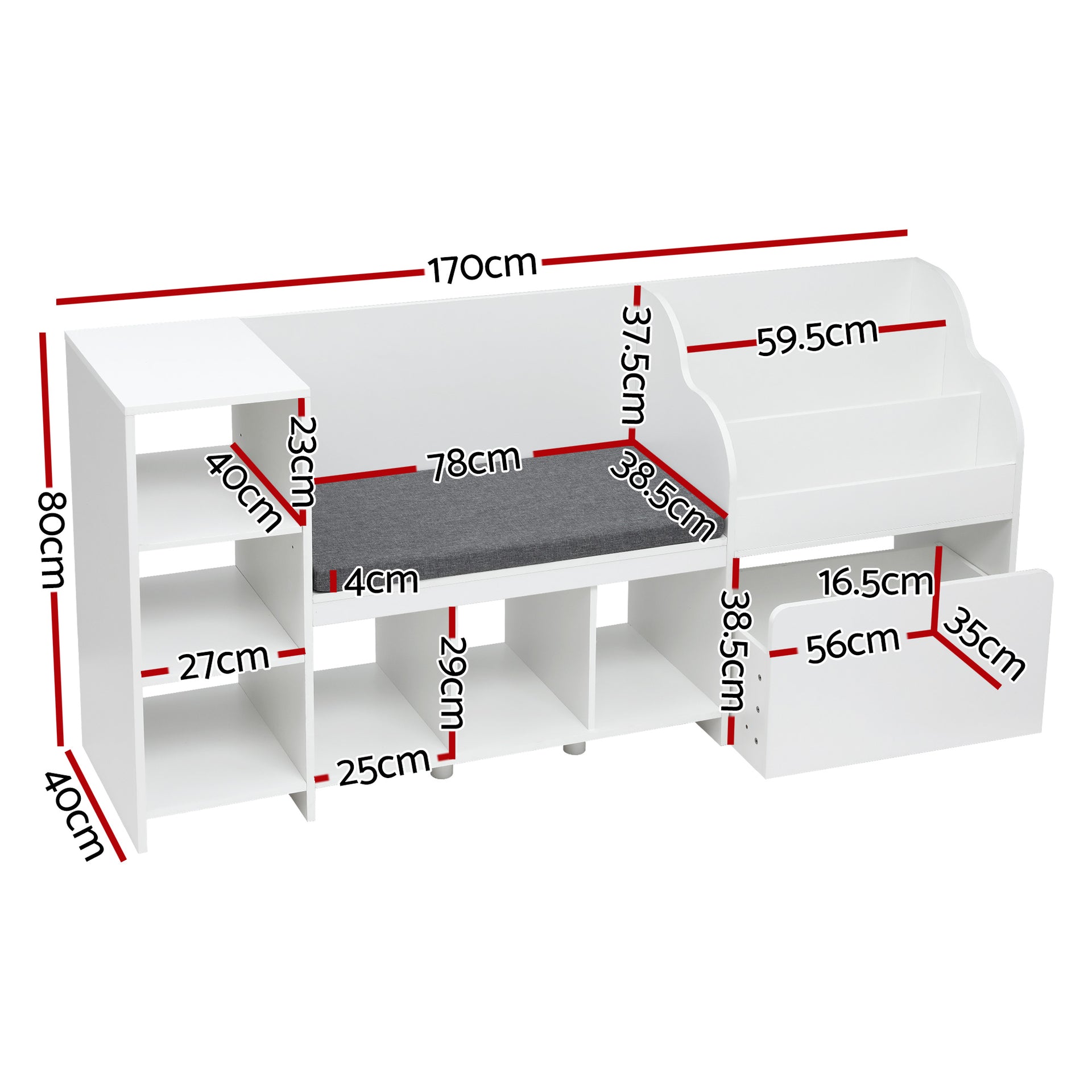 Keezi Kids Storage Unit Bookshelf Toy Box Organiser Bench Seat Cabinet 170cm White Keezi