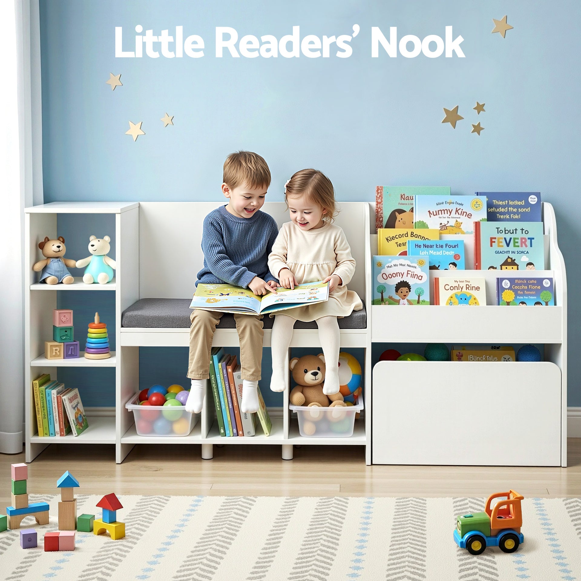 Keezi Kids Storage Unit Bookshelf Toy Box Organiser Bench Seat Cabinet 170cm White Keezi