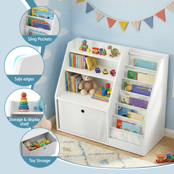 Keezi Kids Bookshelf Children Bookcase Organizer Storage Rack Display Drawer White Keezi