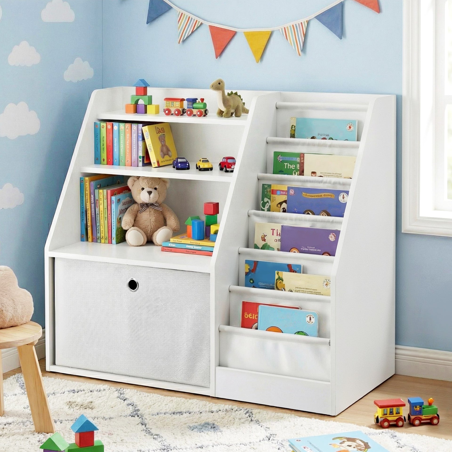 Keezi Kids Bookshelf Children Bookcase Organizer Storage Rack Display Drawer White Keezi