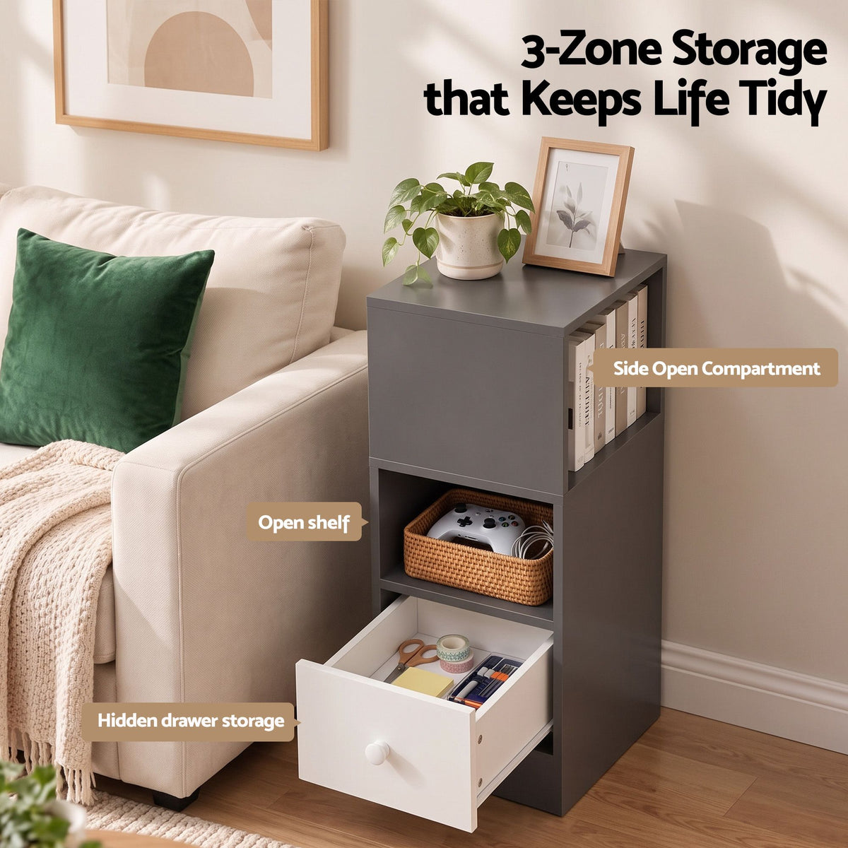 Artiss Narrow Bedside Table Grey Small Side Cabinet 1 Drawer Awezingly