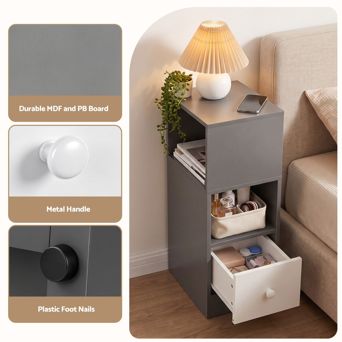 Artiss Narrow Bedside Table Grey Small Side Cabinet 1 Drawer Awezingly