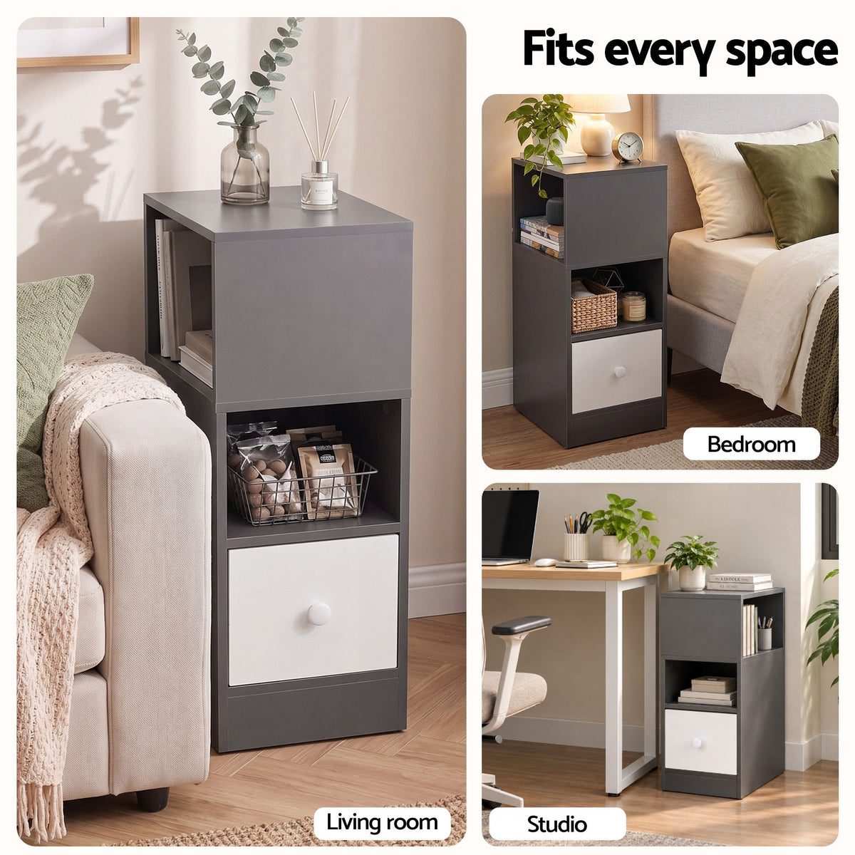 Artiss Narrow Bedside Table Grey Small Side Cabinet 1 Drawer Awezingly