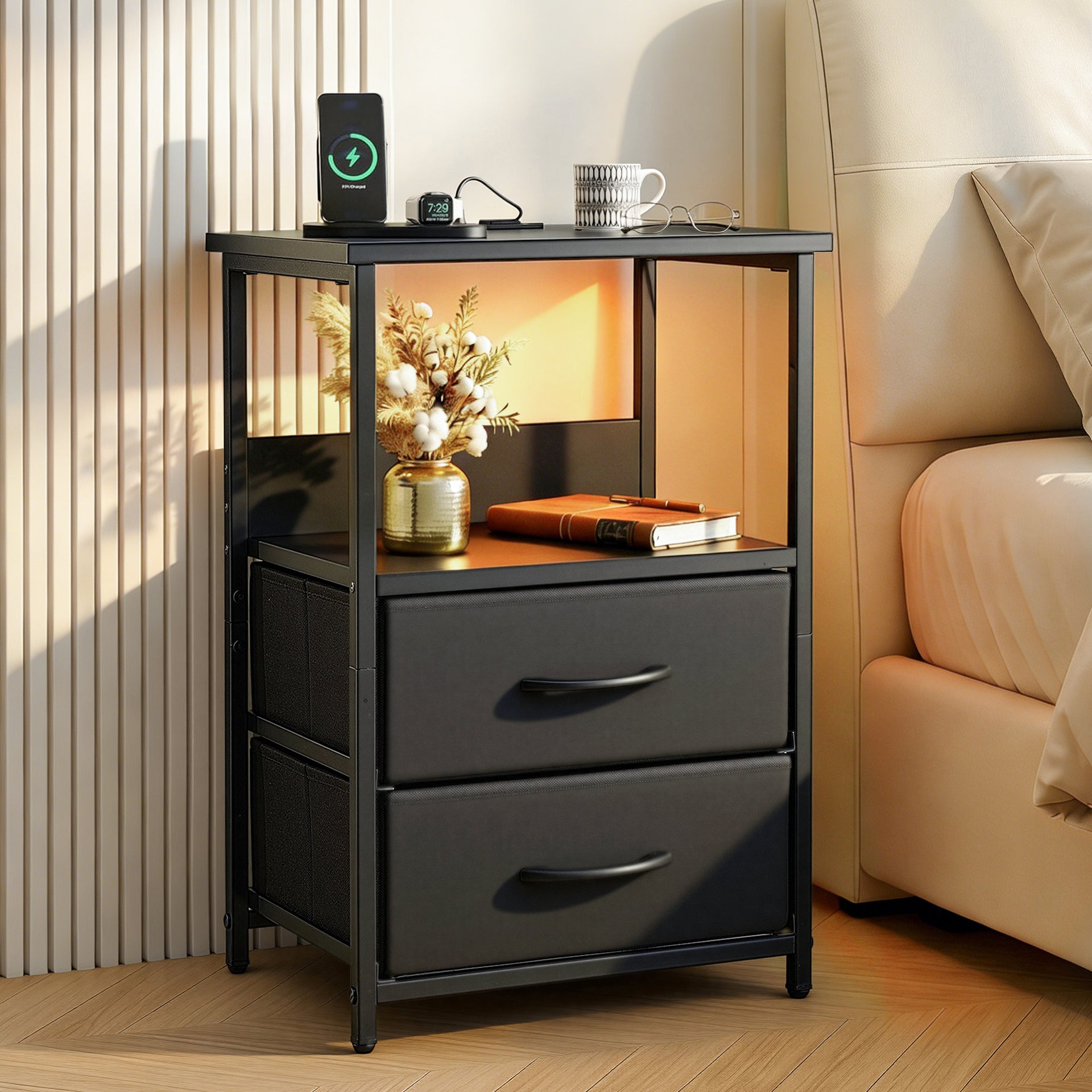Artiss Bedside Table LED Nightstand Charging Station 2 Drawers Foldable Black Awezingly