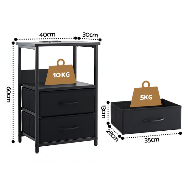 Artiss Bedside Table LED Nightstand Charging Station 2 Drawers Foldable Black Awezingly