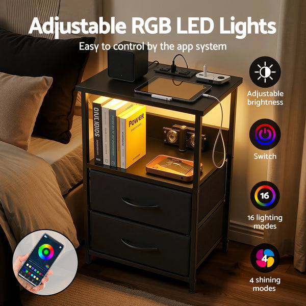 Artiss Bedside Table LED Nightstand Charging Station 2 Drawers Foldable Black Awezingly