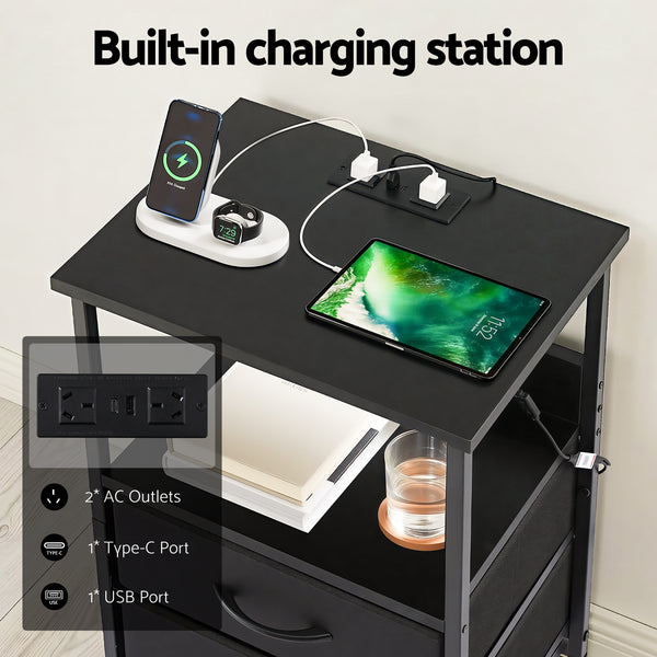 Artiss Bedside Table LED Nightstand Charging Station 2 Drawers Foldable Black Awezingly