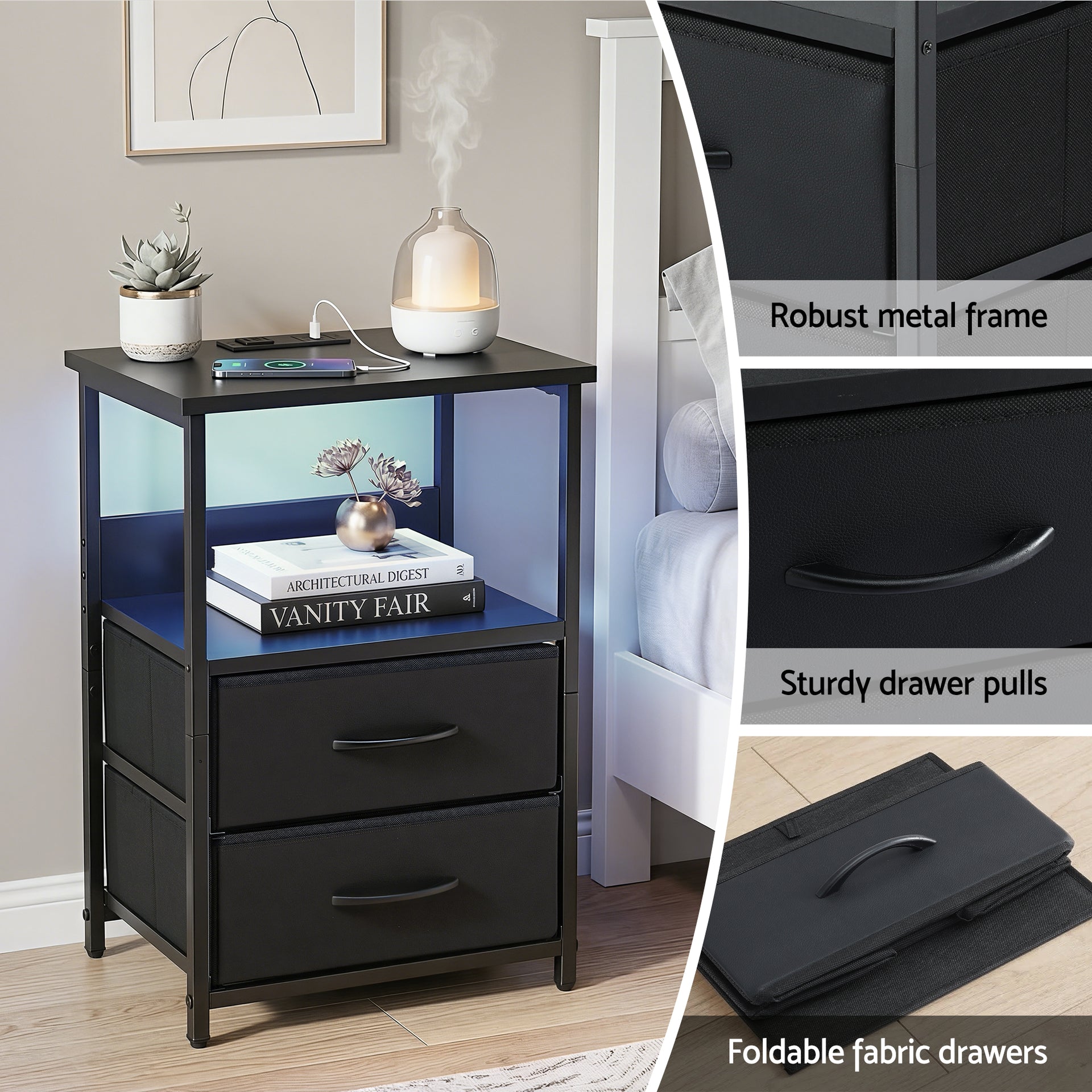 Artiss Bedside Table LED Nightstand Charging Station 2 Drawers Foldable Black Awezingly