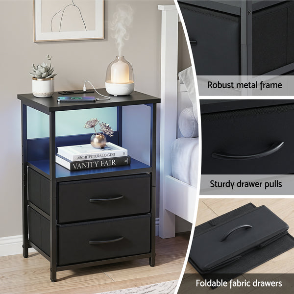 Artiss Bedside Table LED Nightstand Charging Station 2 Drawers Foldable Black Awezingly