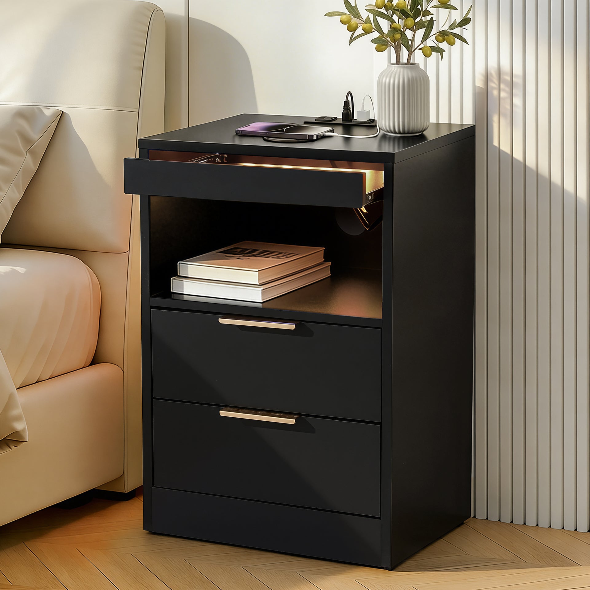 Artiss Bedside Table LED Nightstand Charging Station 2 Drawers - Black Awezingly