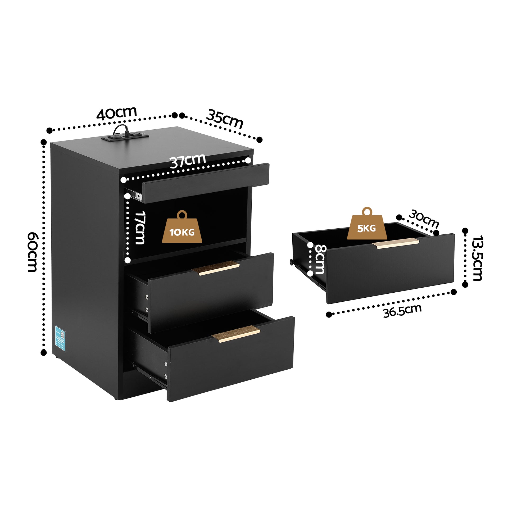 Artiss Bedside Table LED Nightstand Charging Station 2 Drawers - Black Awezingly