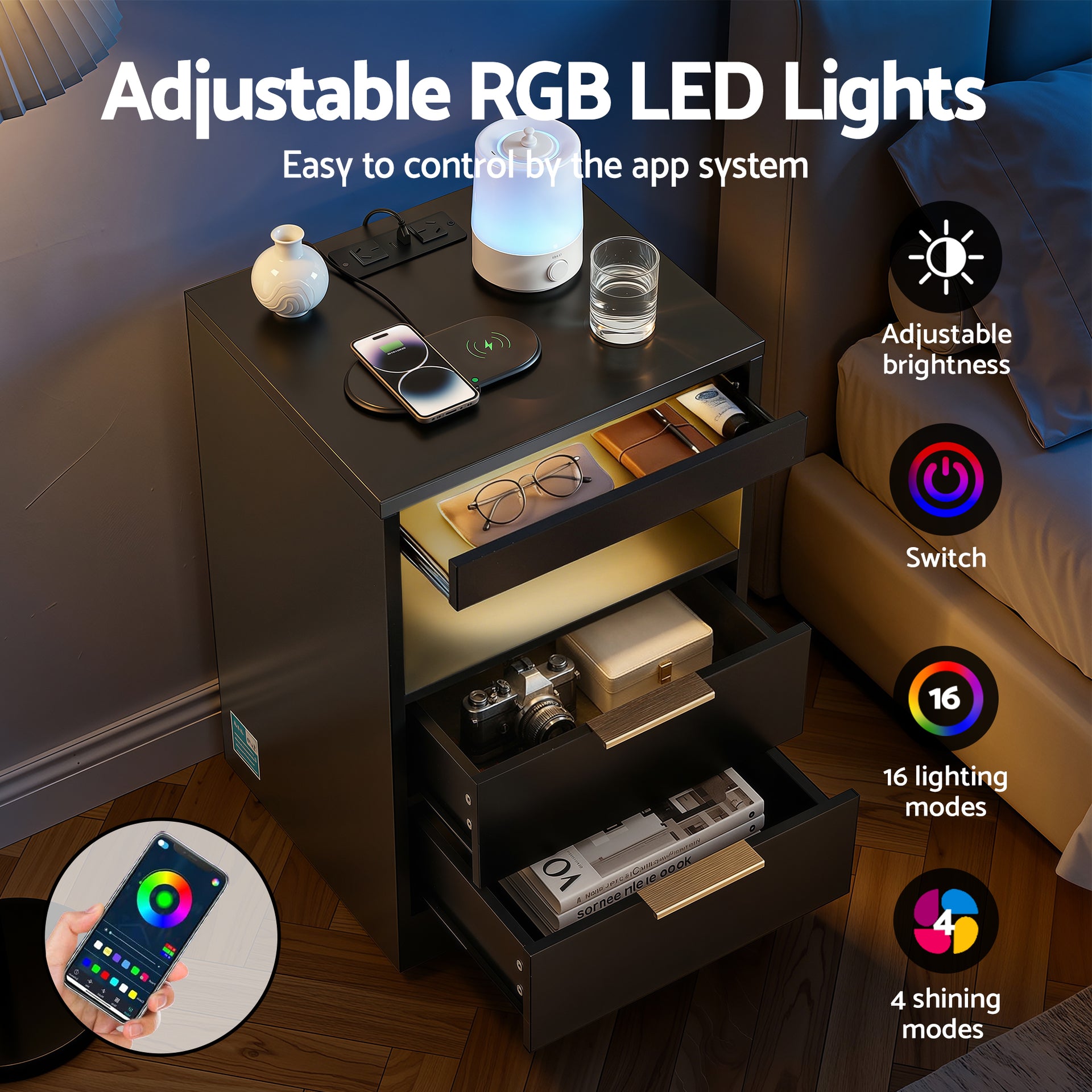 Artiss Bedside Table LED Nightstand Charging Station 2 Drawers - Black Awezingly