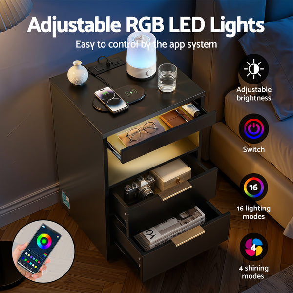 Artiss Bedside Table LED Nightstand Charging Station 2 Drawers - Black Awezingly