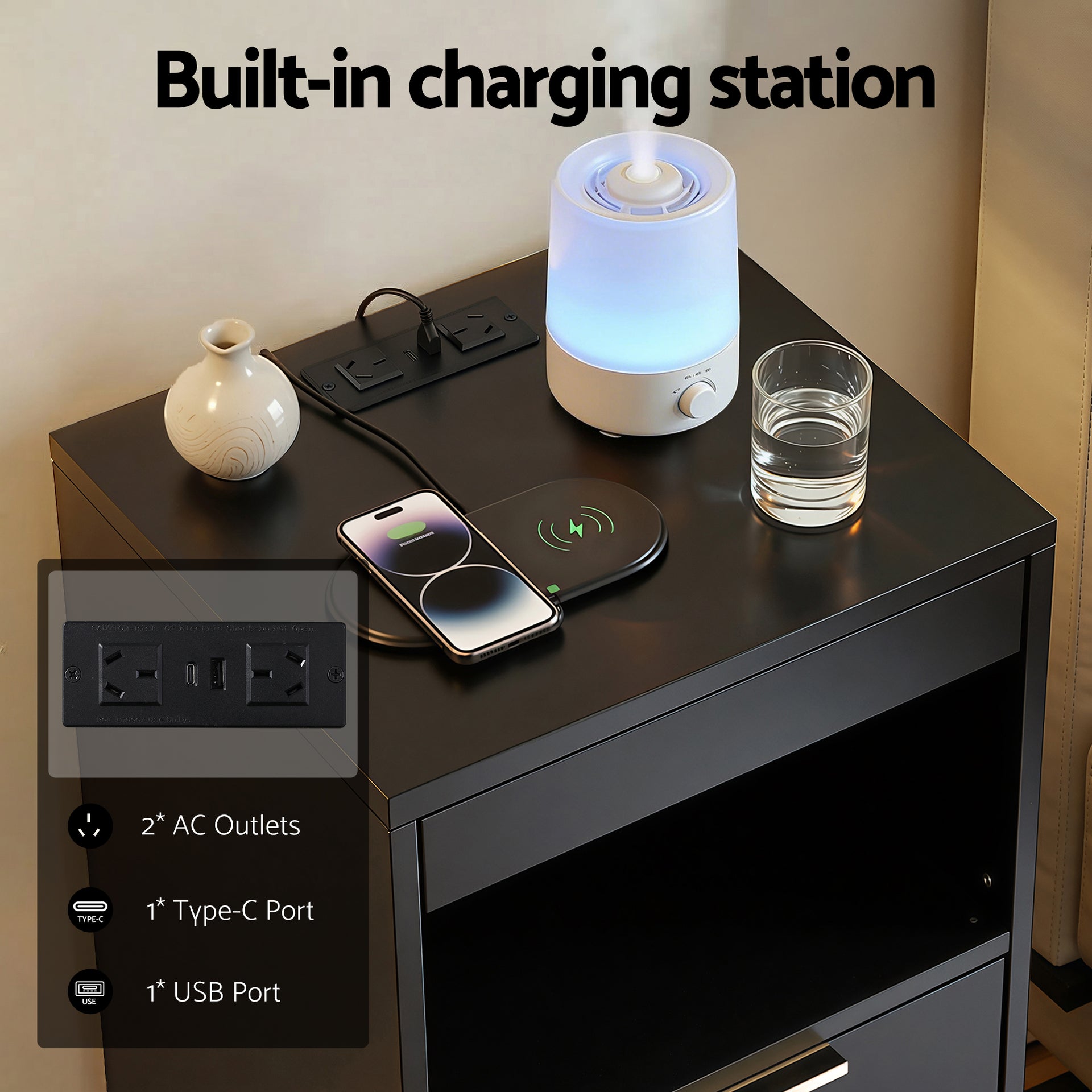 Artiss Bedside Table LED Nightstand Charging Station 2 Drawers - Black Awezingly
