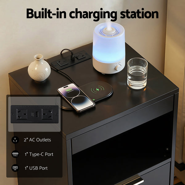 Artiss Bedside Table LED Nightstand Charging Station 2 Drawers - Black Awezingly