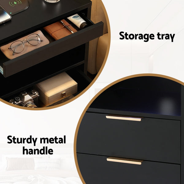 Artiss Bedside Table LED Nightstand Charging Station 2 Drawers - Black Awezingly