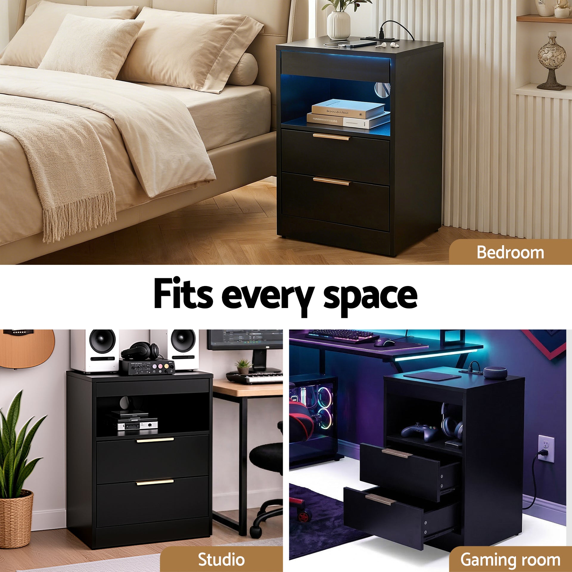 Artiss Bedside Table LED Nightstand Charging Station 2 Drawers - Black Awezingly