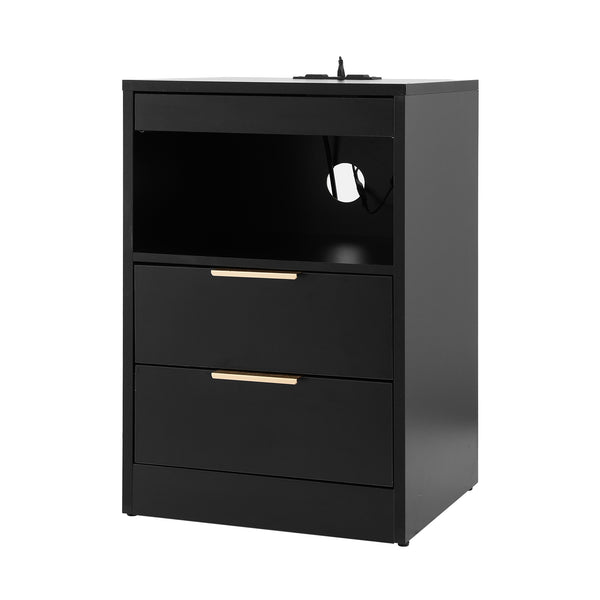 Artiss Bedside Table LED Nightstand Charging Station 2 Drawers - Black Awezingly