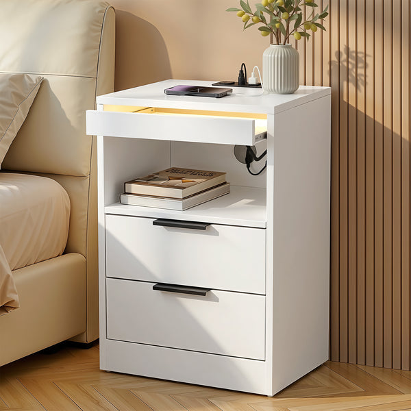 Artiss Bedside Table LED Nightstand Charging Station 2 Drawers - White Awezingly