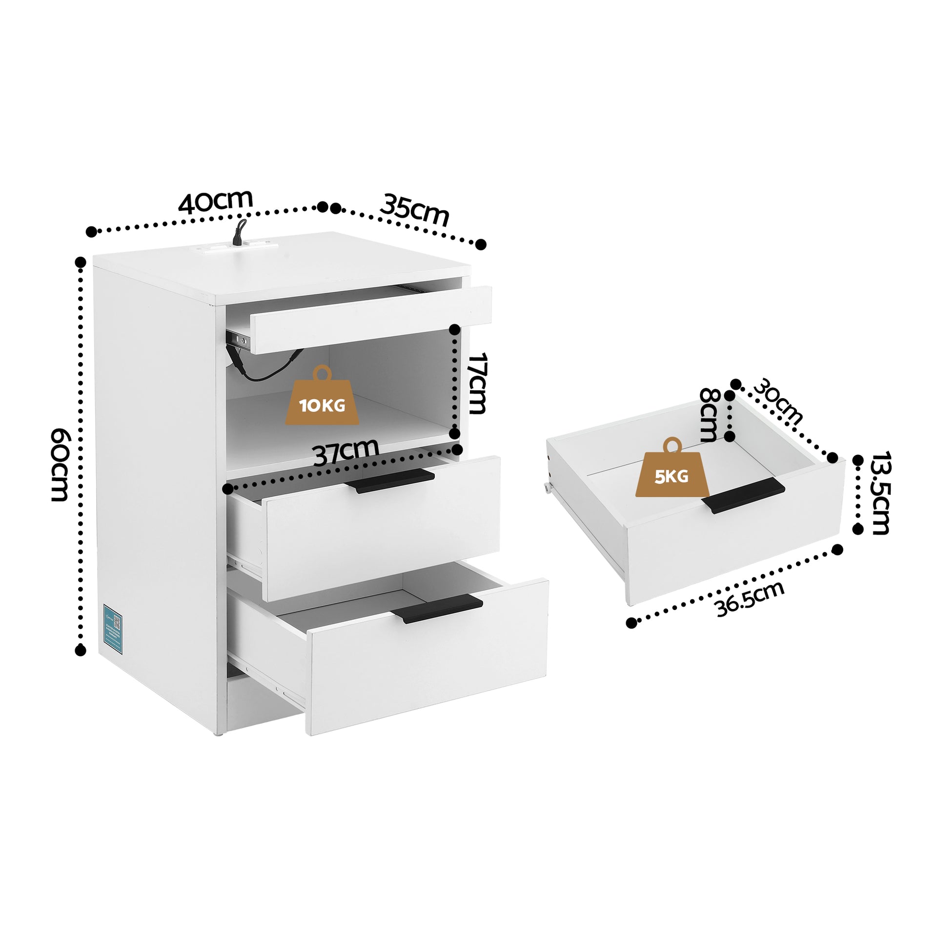 Artiss Bedside Table LED Nightstand Charging Station 2 Drawers - White Awezingly