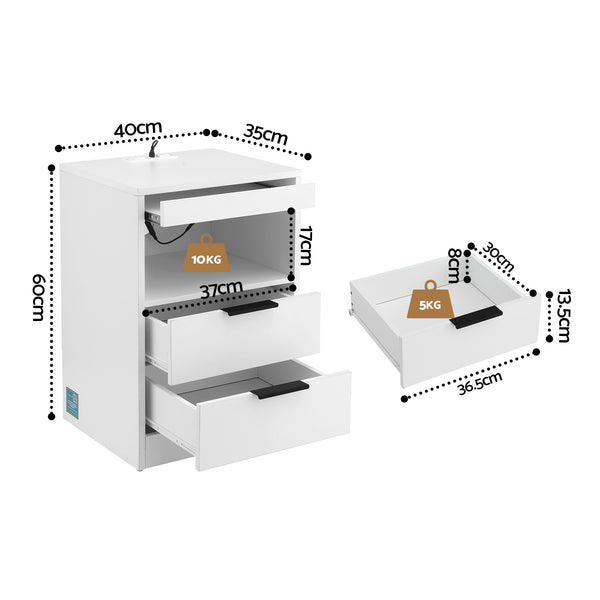 Artiss Bedside Table LED Nightstand Charging Station 2 Drawers - White Awezingly