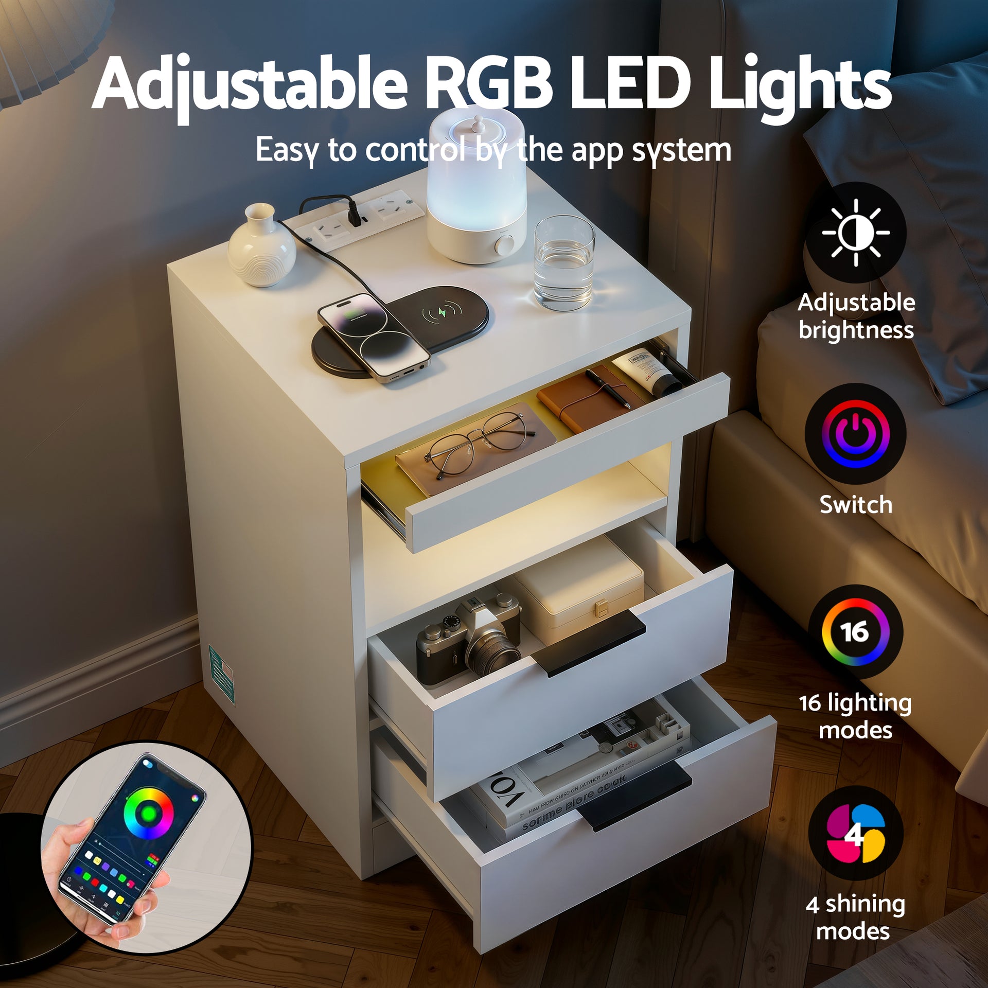 Artiss Bedside Table LED Nightstand Charging Station 2 Drawers - White Awezingly