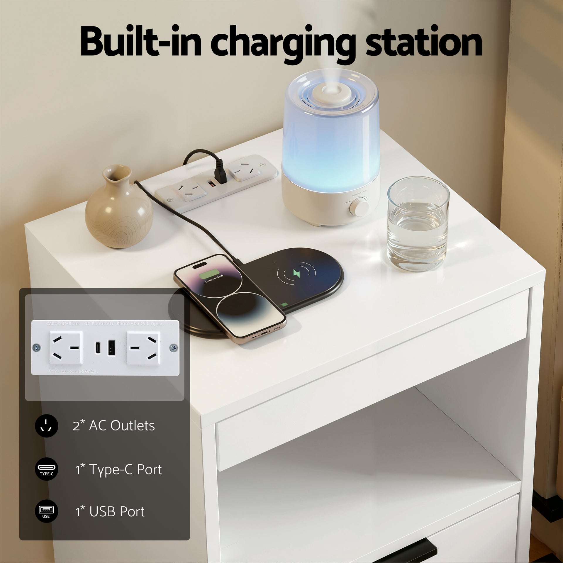 Artiss Bedside Table LED Nightstand Charging Station 2 Drawers - White Awezingly
