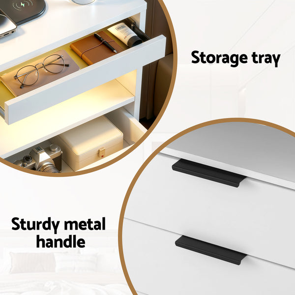 Artiss Bedside Table LED Nightstand Charging Station 2 Drawers - White Awezingly