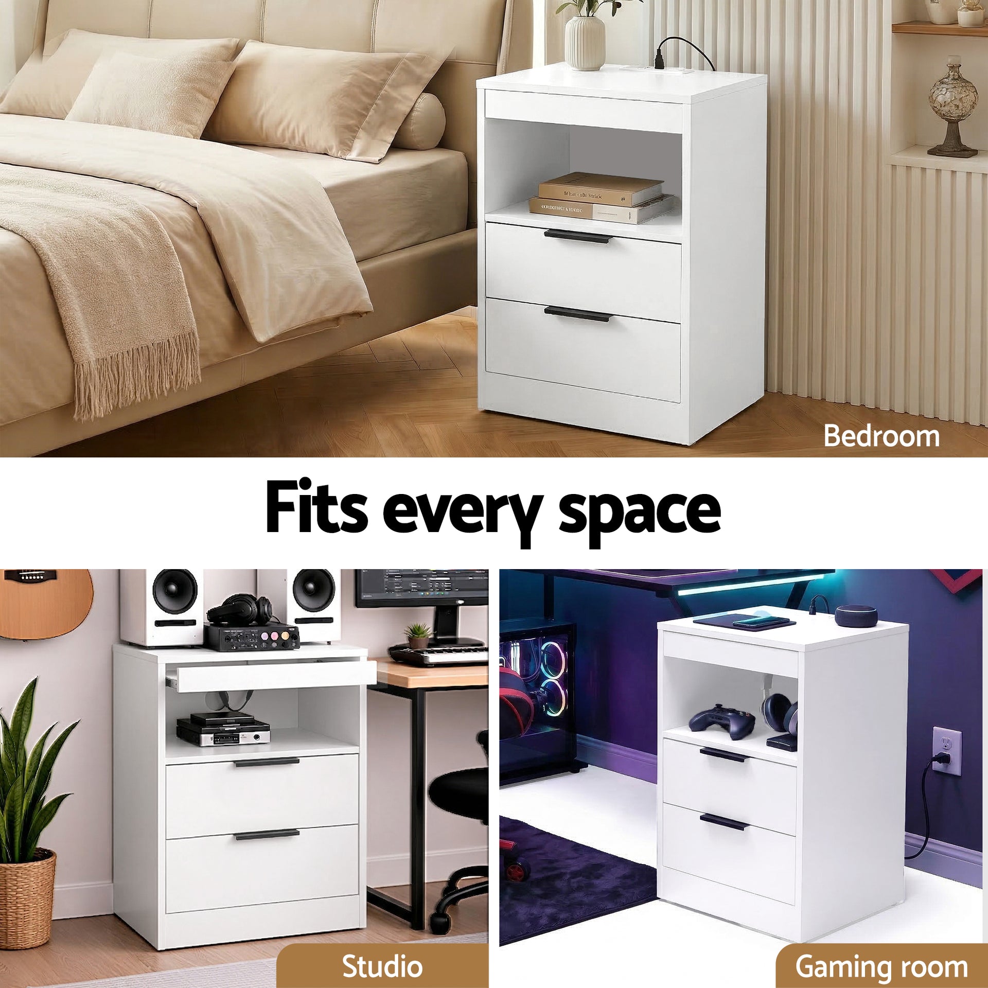 Artiss Bedside Table LED Nightstand Charging Station 2 Drawers - White Awezingly