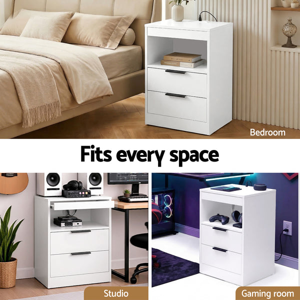 Artiss Bedside Table LED Nightstand Charging Station 2 Drawers - White Awezingly