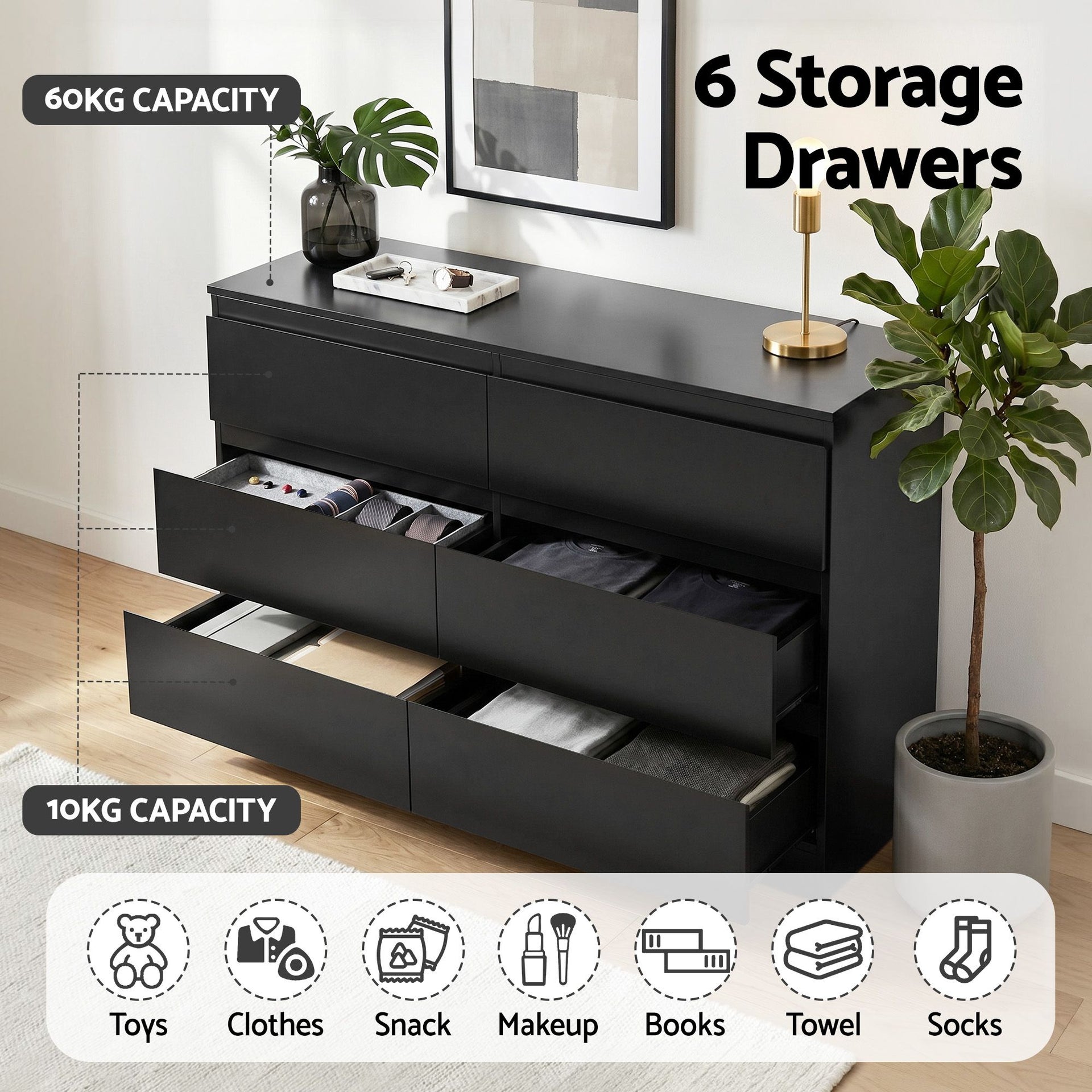 Artiss 6 Chest of Drawers Lowboy Black Awezingly