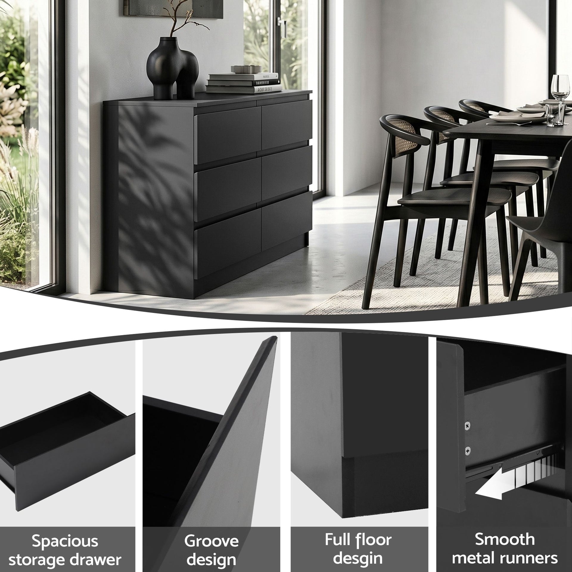 Artiss 6 Chest of Drawers Lowboy Black Awezingly