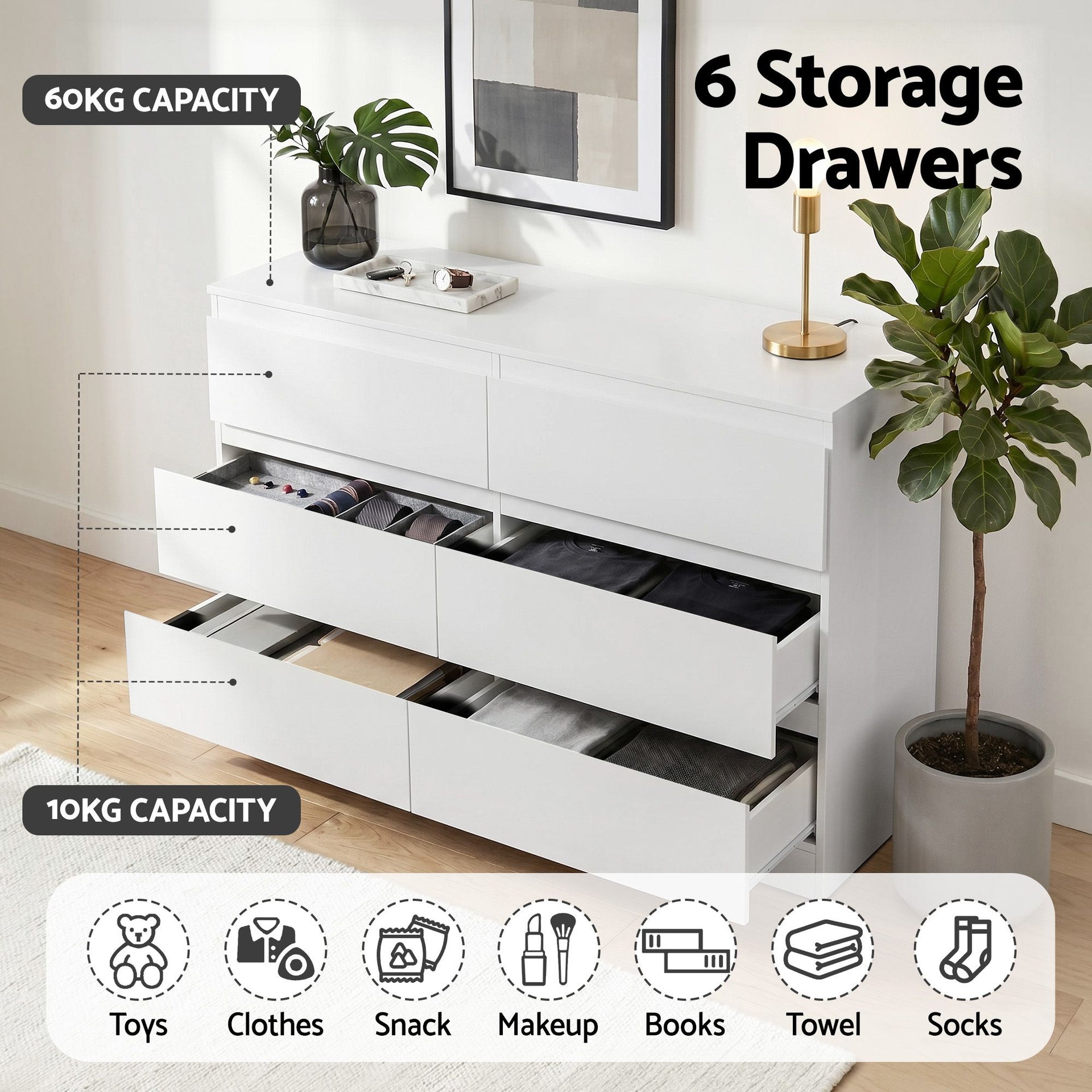 Artiss 6 Chest of Drawers Lowboy White Awezingly