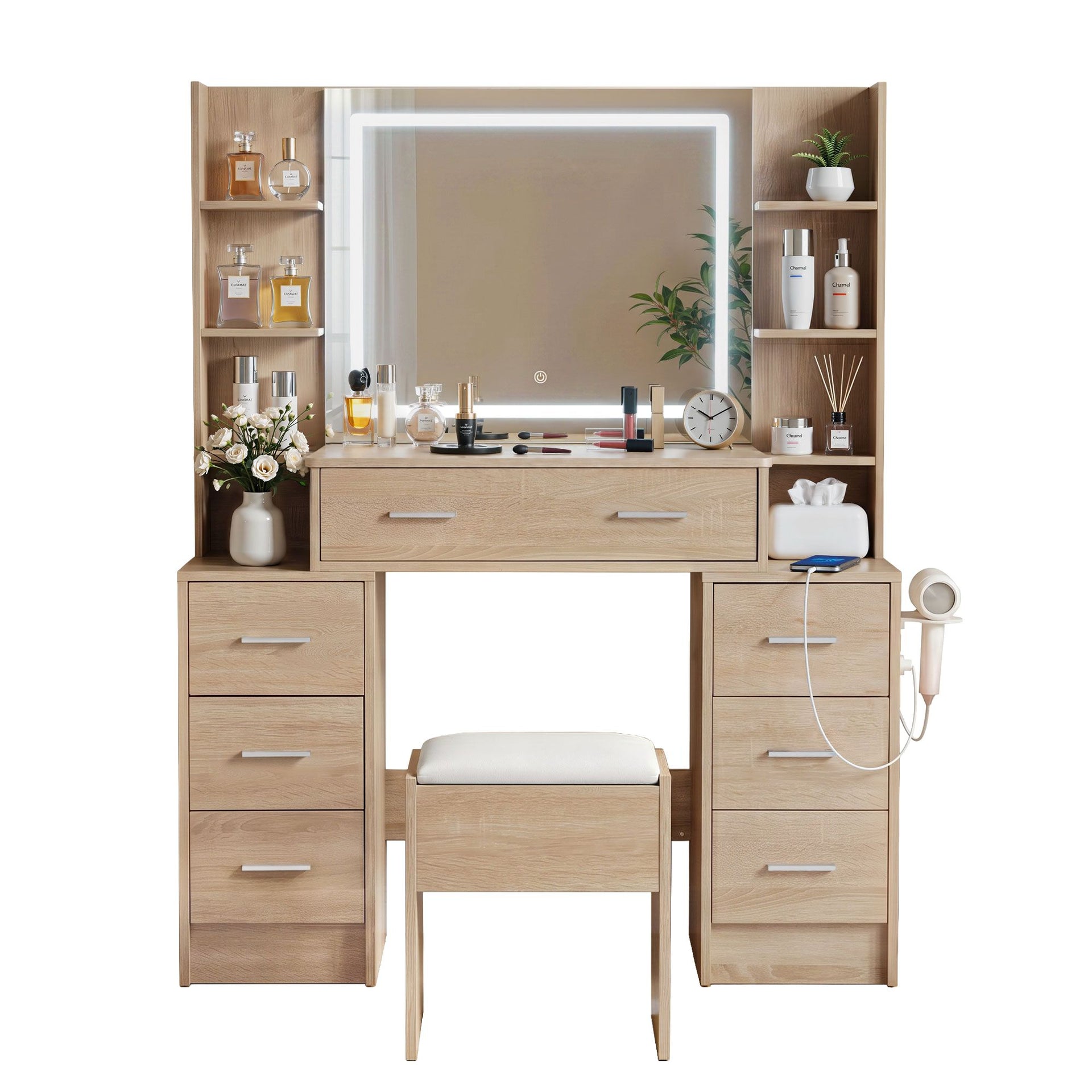 Artiss Dressing Table Vanity Desk Set Stool LED Charging Station Wood Awezingly