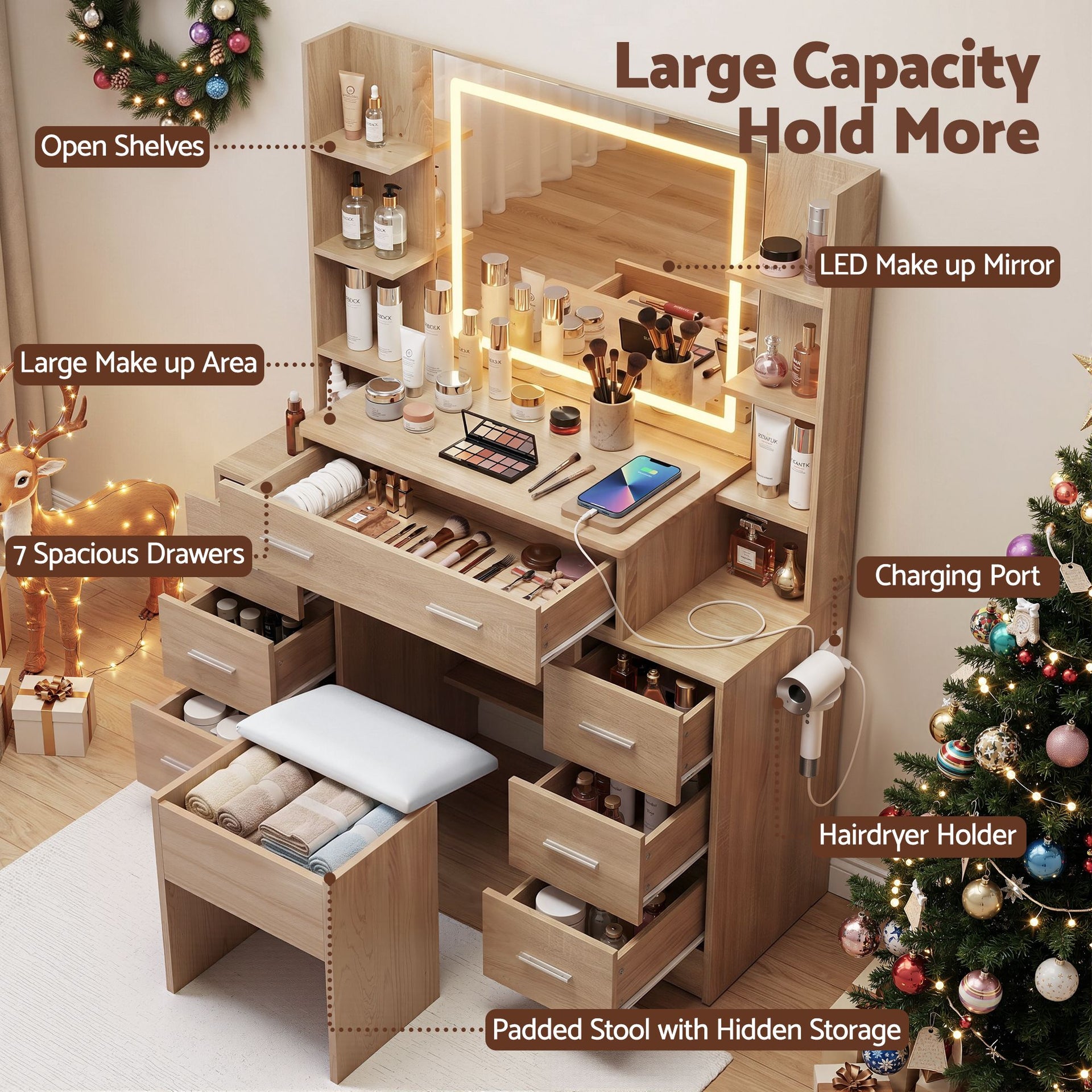 Artiss Dressing Table Vanity Desk Set Stool LED Charging Station Wood Awezingly